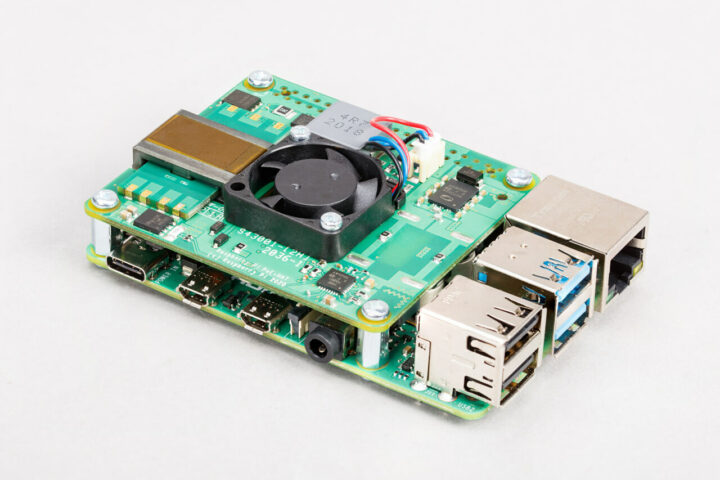 Raspberry Pi PoE+ HAT fitted to Raspberry Pi 4
