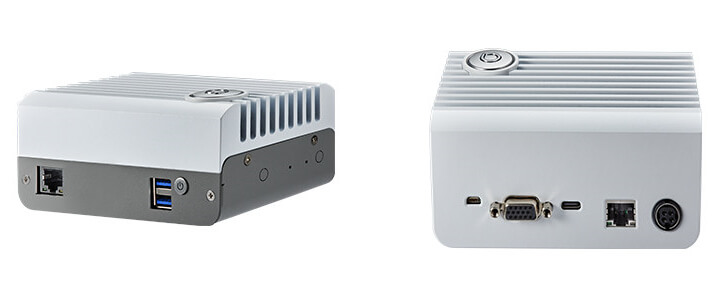 适用于所有 DeviceEdge Mini 系统的 DeviceEdge Mini M1 前面板（左）和后面板（右）