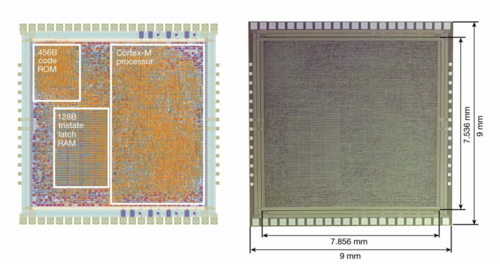 PlasticARM 的模具布局（左）和 PlasticARM 的模具显微照片（右）