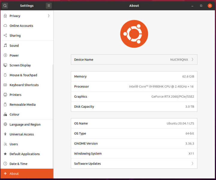 NUC9i9QNX的Ubuntu 20.04硬件信息