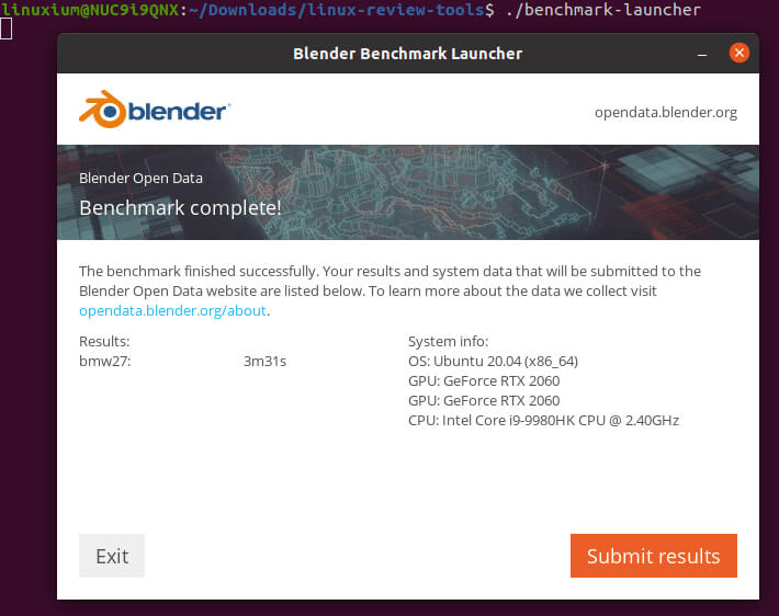 NUC9i9QNX ubuntu blender BWM