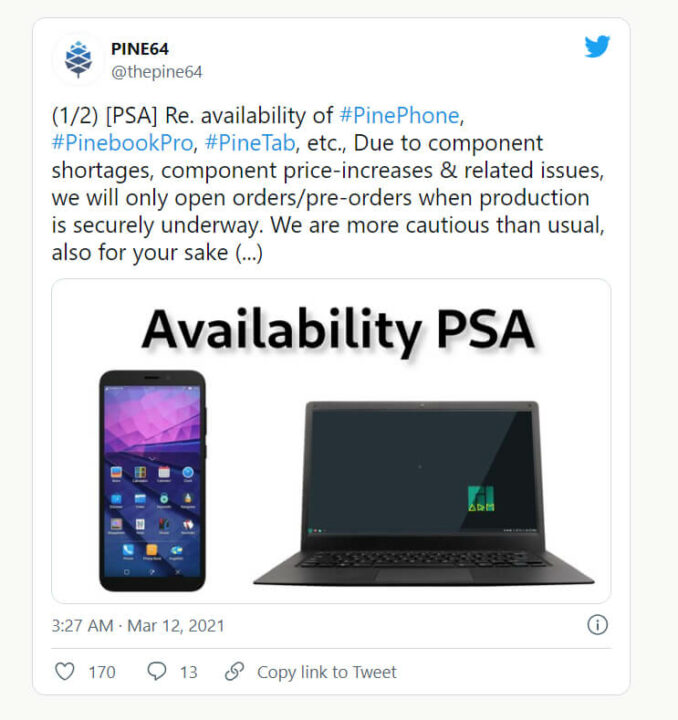 Pine64公司发布的相关推特截图