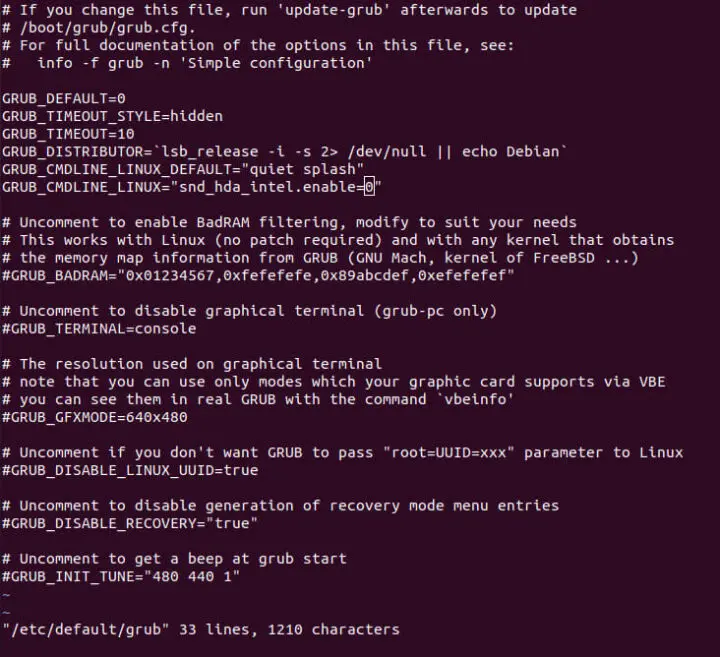 etc default grub disable audio