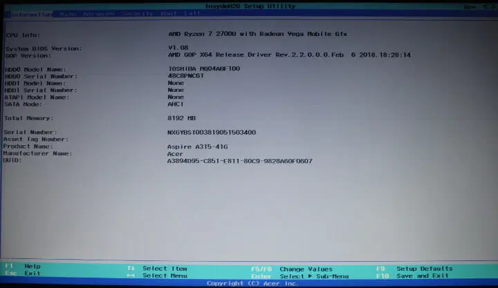 宏基Aspire A315 41G笔记本BIOS-v1.08版信息