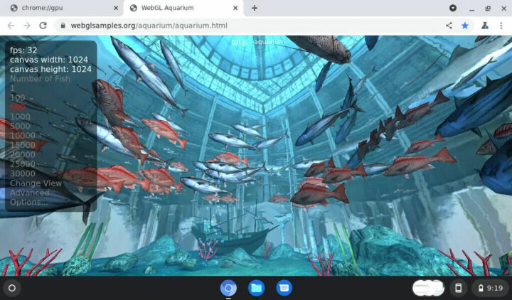 WebGL 水族馆演示（以 32 fps 渲染 500 条鱼）