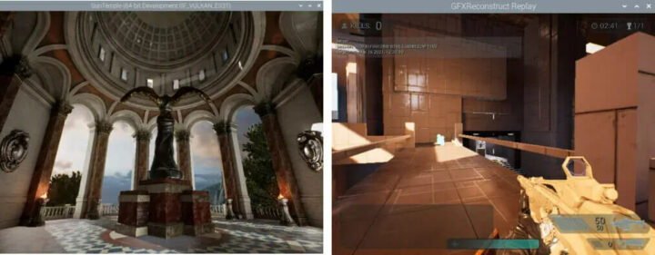 虚幻引擎4在太阳神殿的示例（左）和虚幻引擎 4 的射击示例（右）
