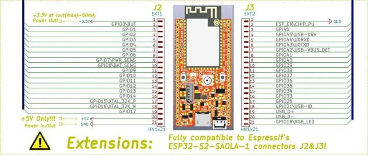 Olimex ESP32 S2 LiPo USB开发板引脚分布图