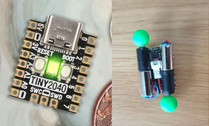 Tiny 2040 板准系统（左）和背面的电池、直流电机和轮子（右）