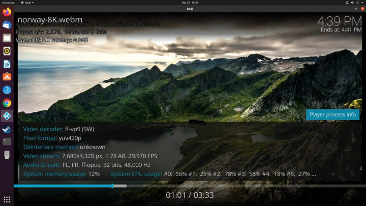 ubuntu上使用Kodi播放8k 30 FPS的norway视频