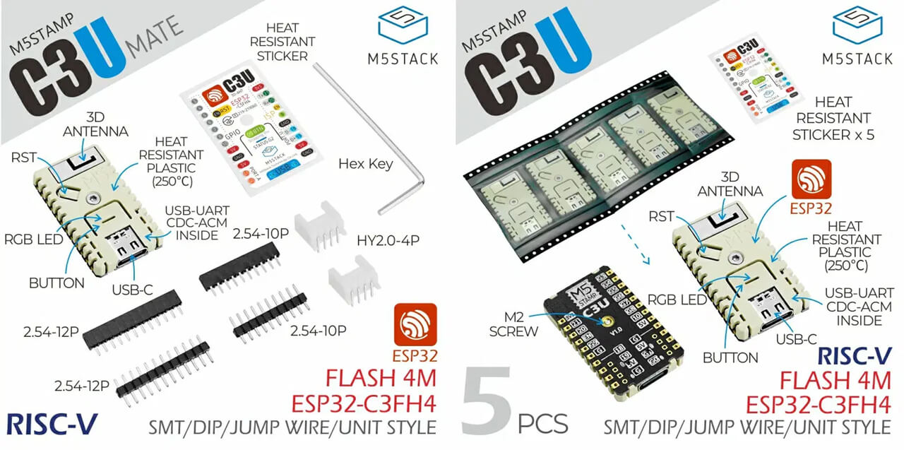 M5Stamp C3U Mate套件（左）和M5Stamp C3U的5个模块包（右）