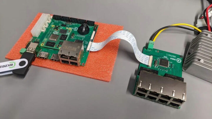 使用两个Interceptor PoE板时需要使用功率升压模块（右）连接到Interceptor PoE 板的Interceptor载板