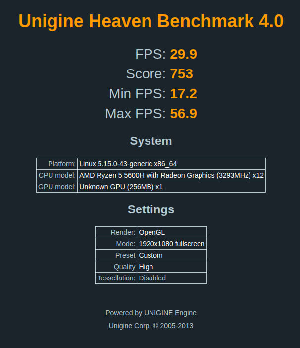AMD Ryzen 5 5600h ubuntu 22.04 heaven